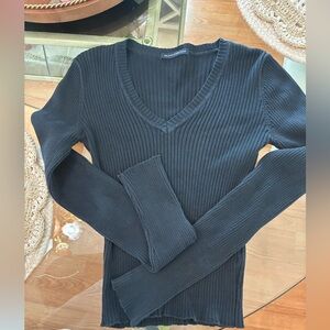 Ribbed V-Neck Long Sleeve Sweater - Black